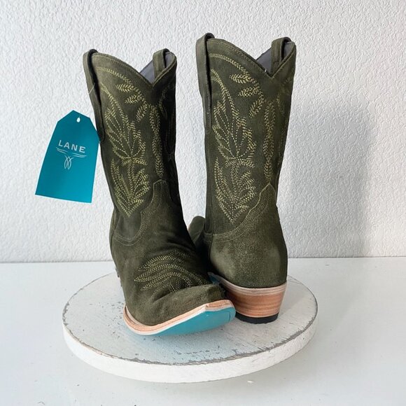 Lane SANDAGA Midi Womens Cowboy Boots 11 Green Suede Cowgirl Western Pointed Toe - Picture 1 of 11